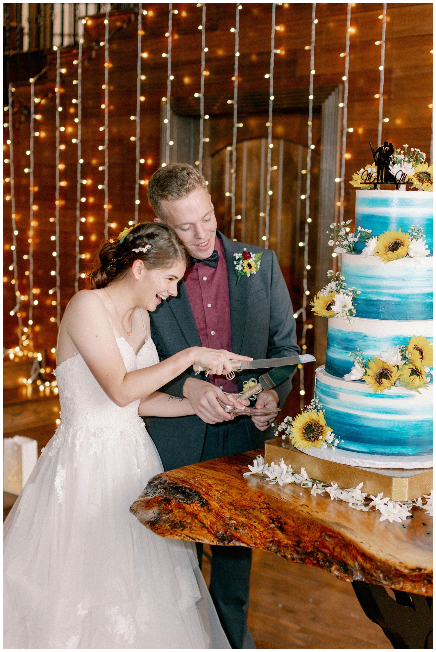 bride and groom cake cutting The Oaks at the Oak Plantation wedding reception