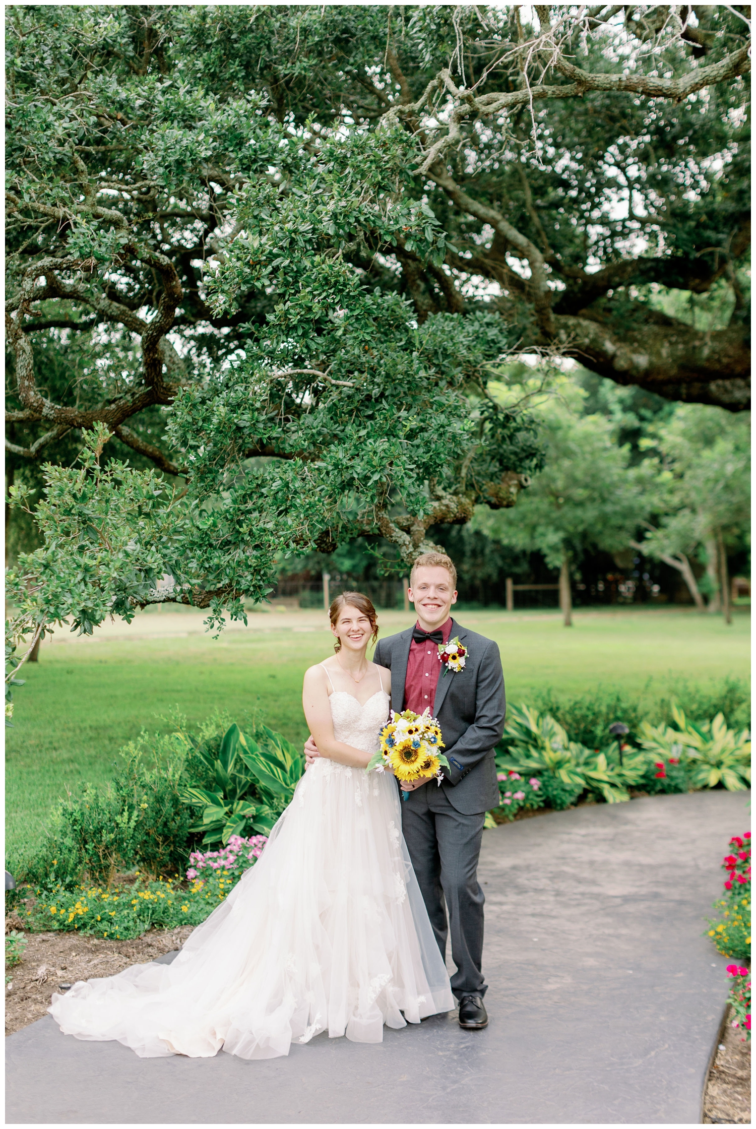 bride and groom portrait outside at The Oaks at the Oak Plantation wedding