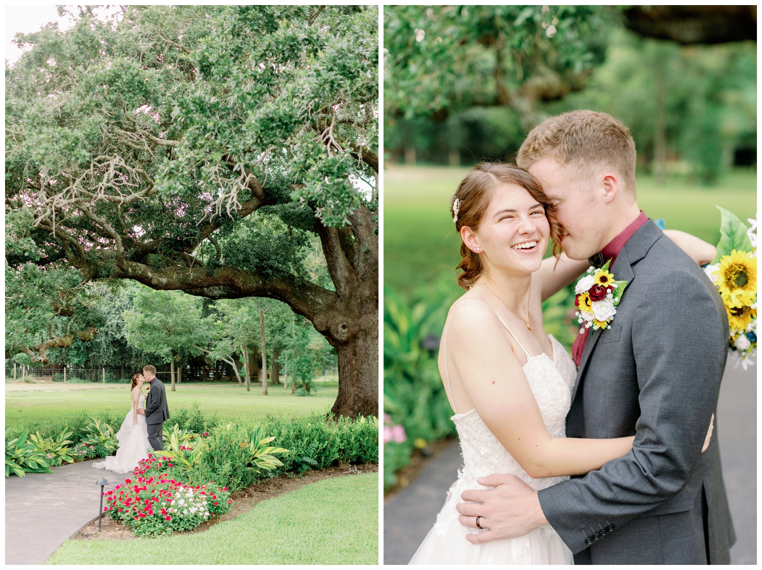 bride and groom standing under oak tree at The Oaks at the Oak Plantation wedding