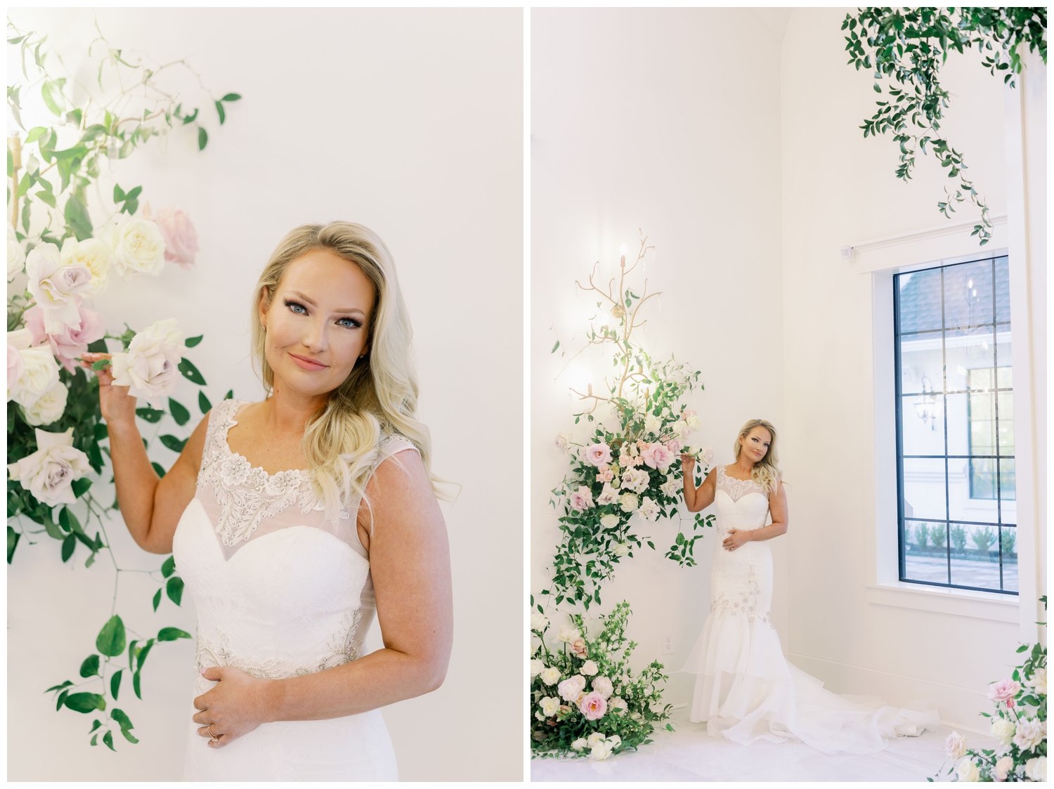 bride in wedding gown by floral arch at The Peach Orchard Venue
