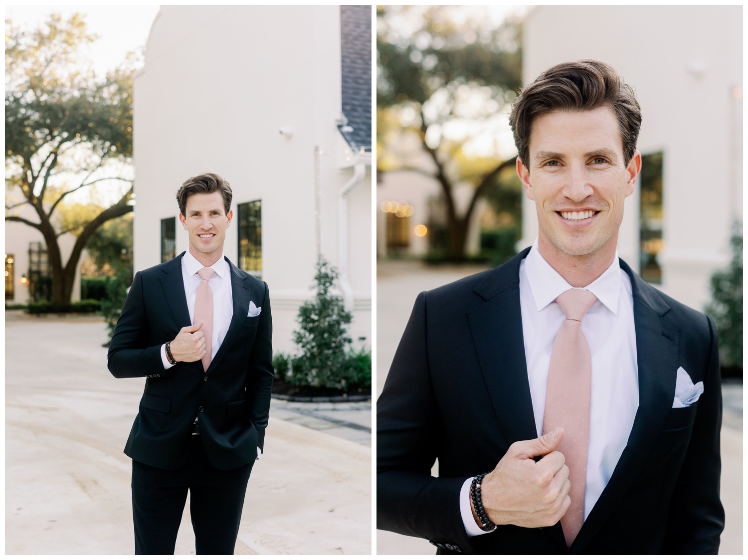 groom in black suit with pink tie
