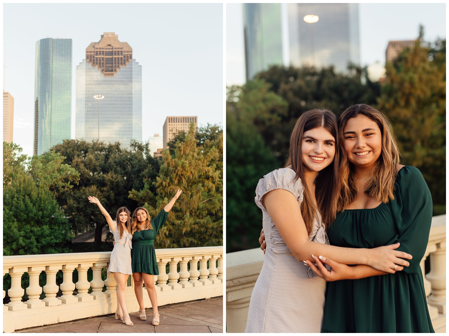 two high school girls in dresses standing on Sabine Street bridge best friends senior session