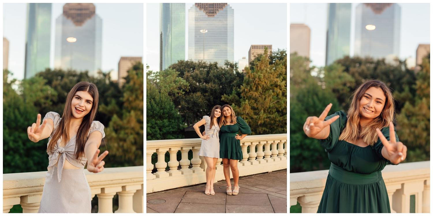 Houston skyline with two girls standing on bridge best friends senior session