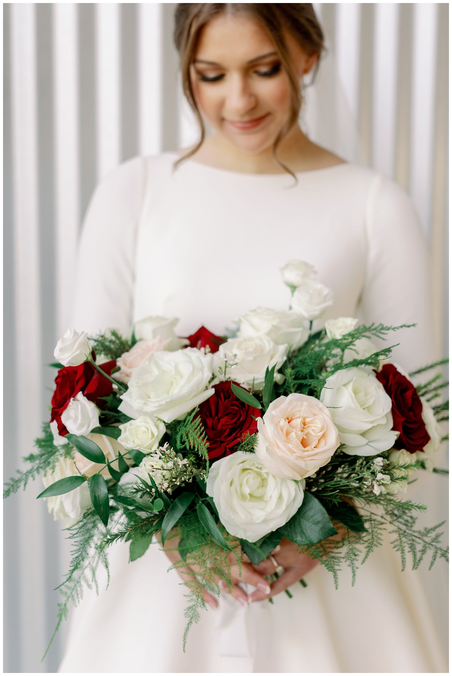 closeup image of white and burgundy bouquet for College Station Bridal Portraits