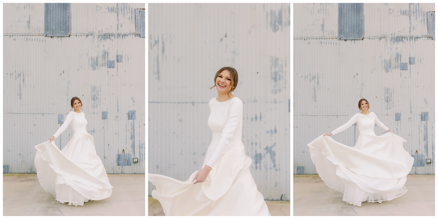 bride in white wedding gown with long sleeves twirling her dress during College Station Bridal Portraits at The Gin