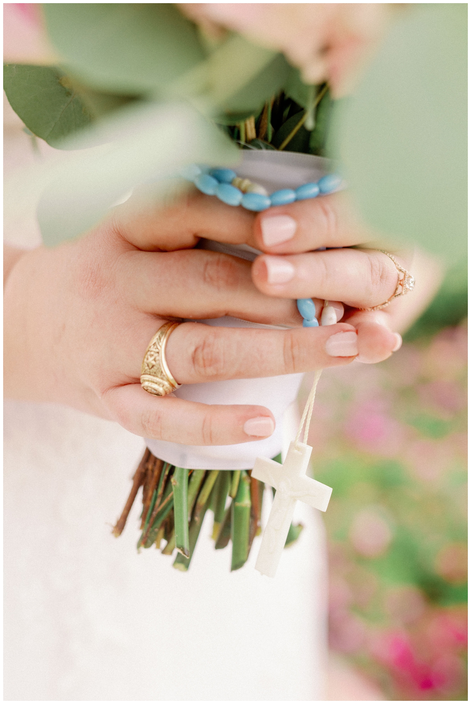 detail Image of brides hand holding bouquet for College Station wedding photographer at Deep in the Heart Farms