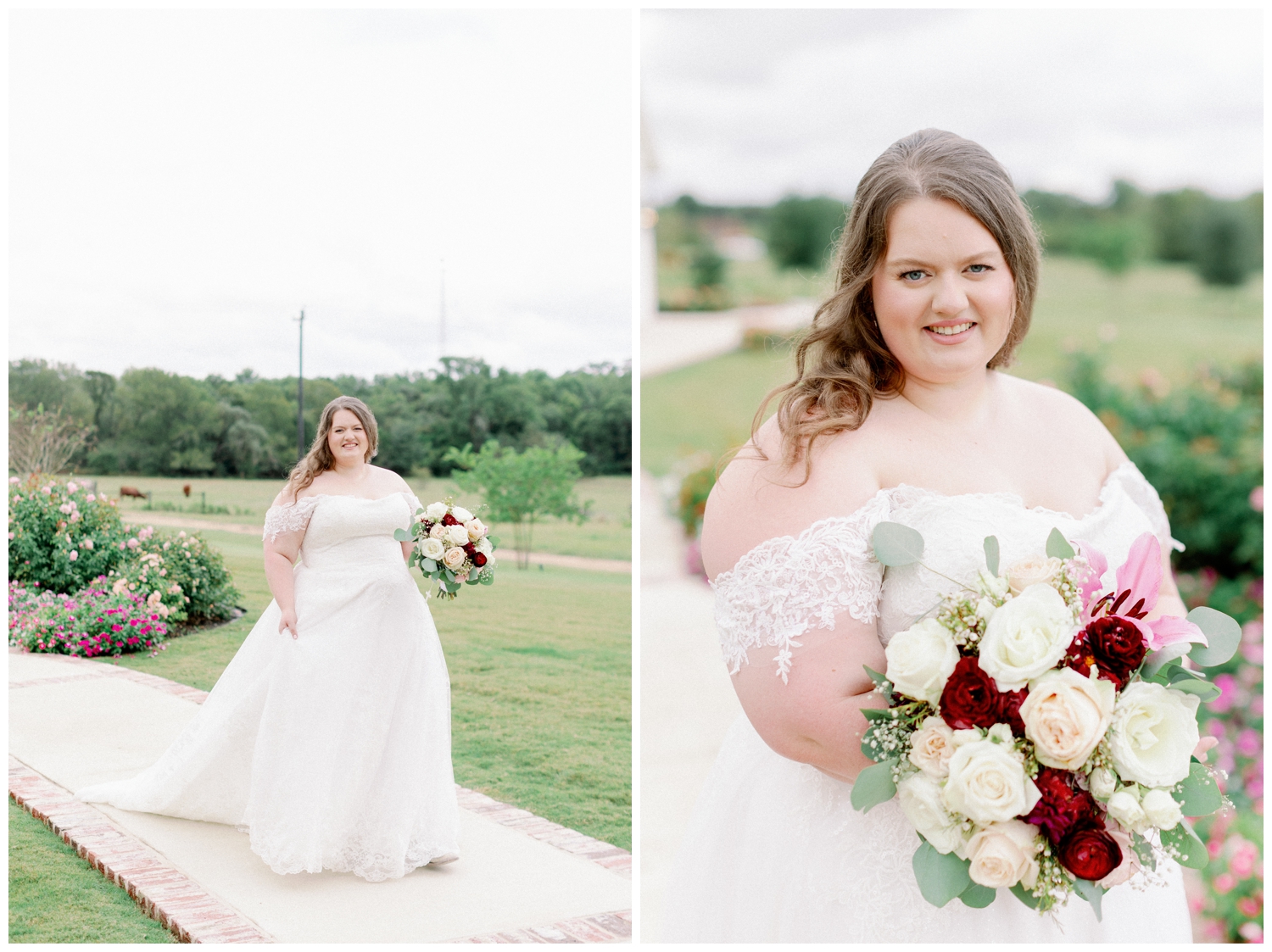 bridal portraits with maroon and white bouquet walking outside for College Station wedding photographer at Deep in the Heart Farms wedding venue