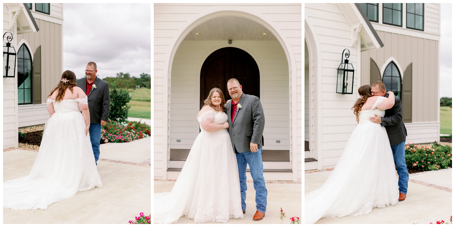 first look with bride and Dad College Station wedding photographer outside Deep in the Heart Farms