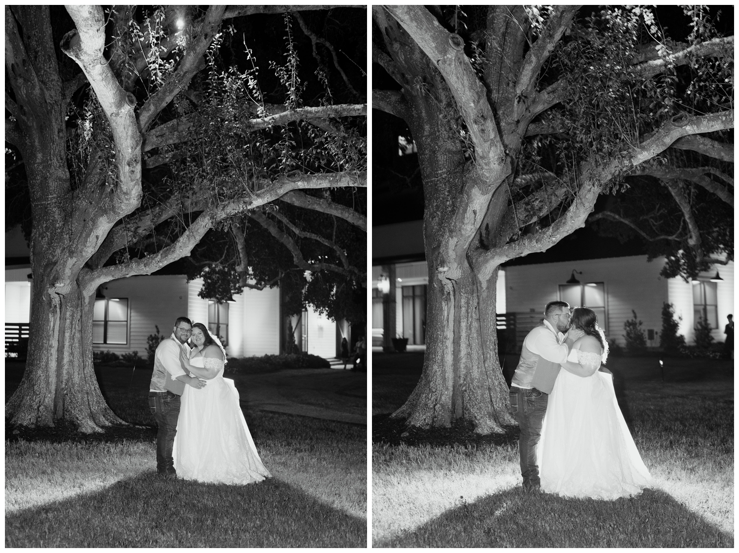 black and white night time photos of newlyweds