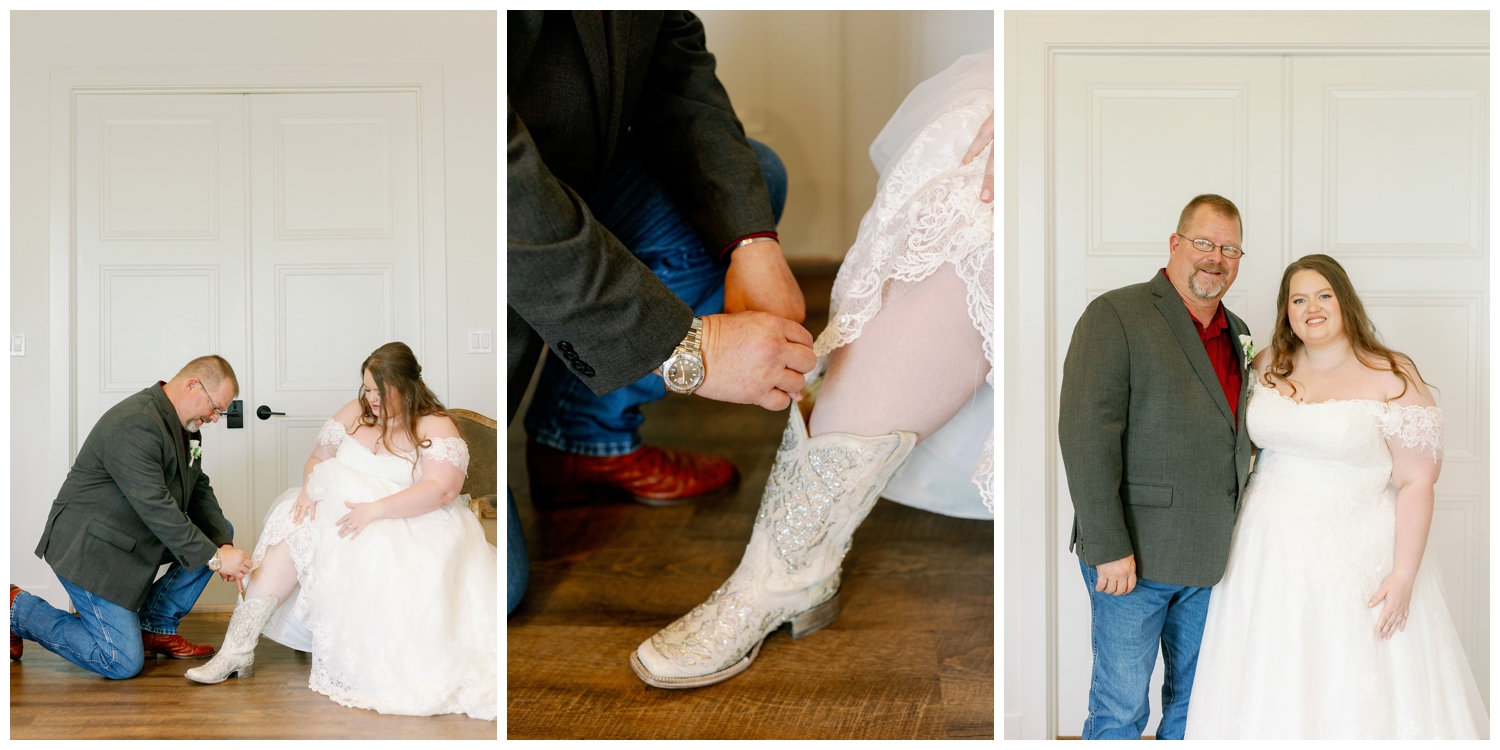 father putting penny in bride's shoes inside bridal suite at College Station wedding venue