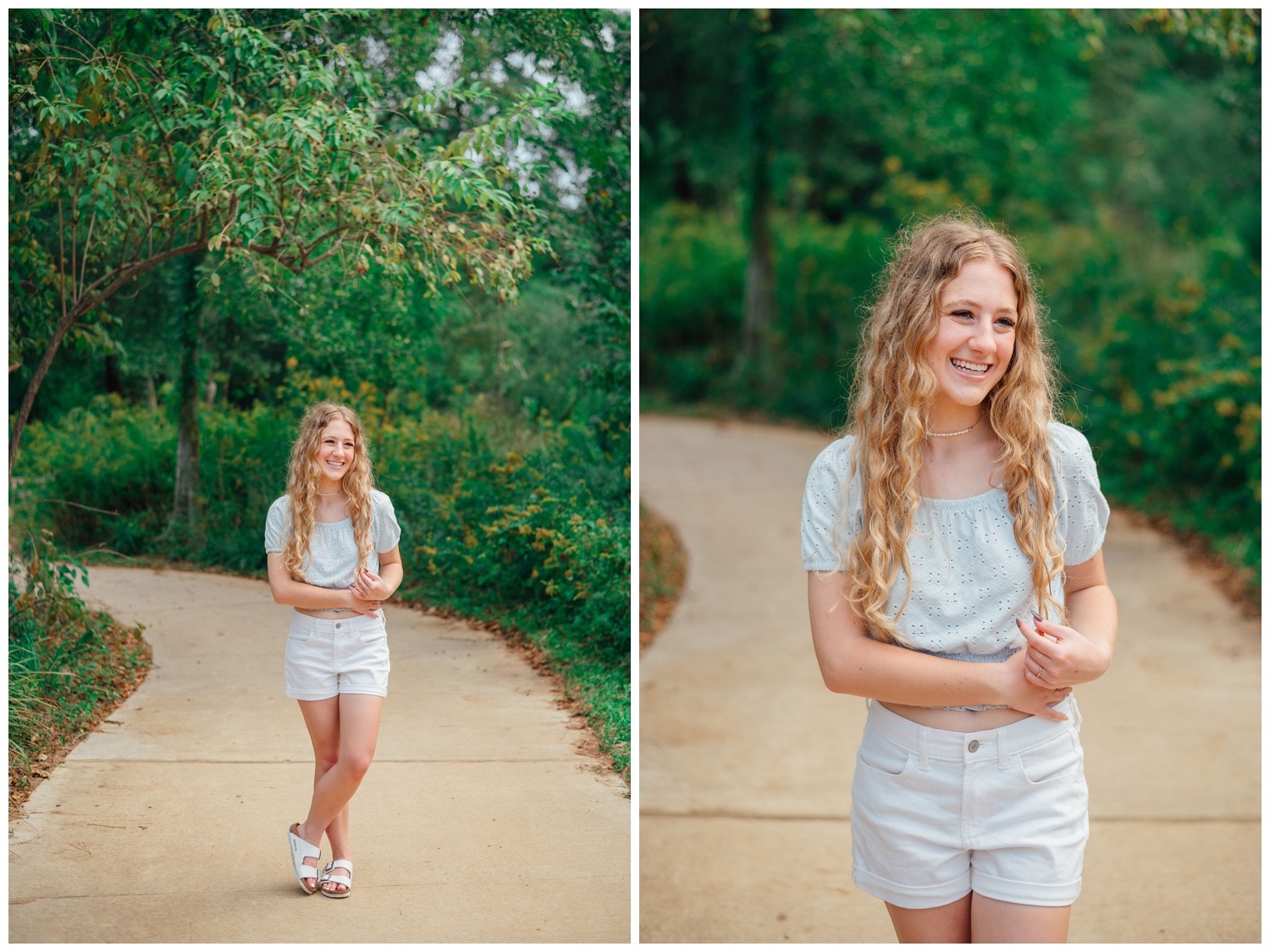 girl in white shorts and blue shirt posing for Houston Senior Photography Team