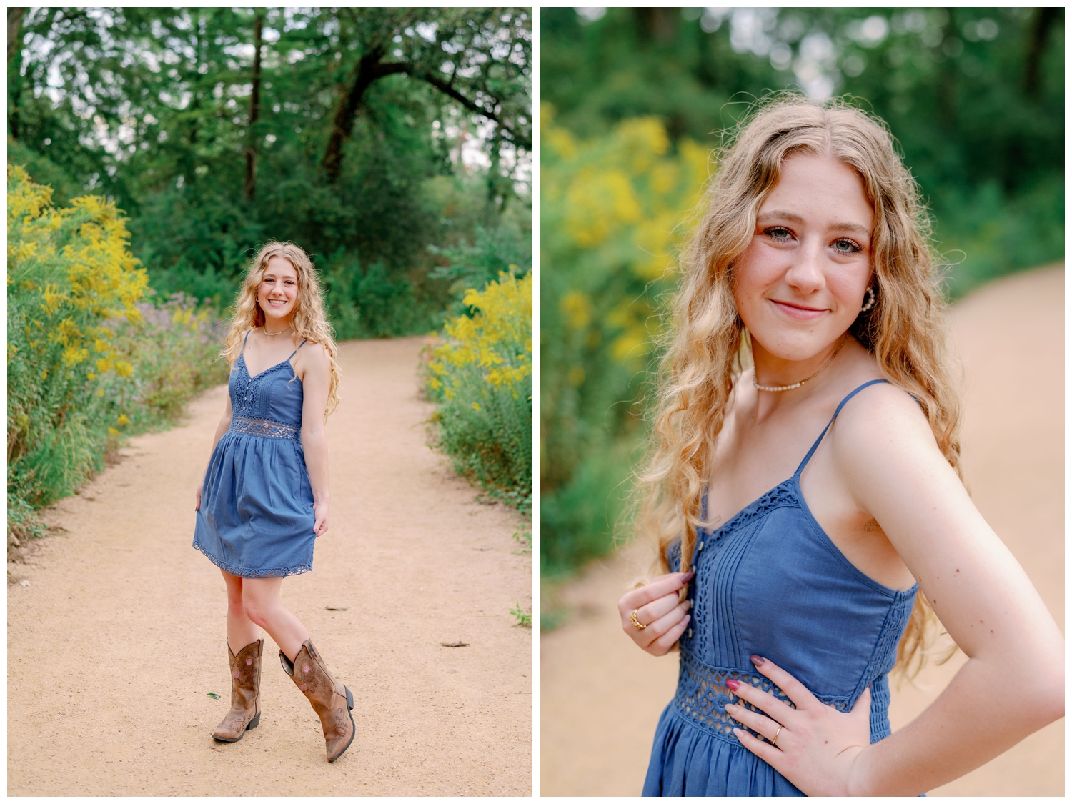 girl in denim dress and brown cowboy boots standing on a pathway inside Houston Arboretym