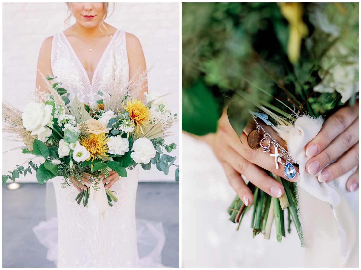 portrait closeup of bride's hands holding orange, white, green bouquet