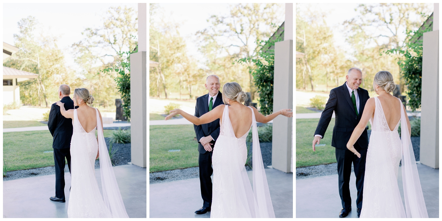 father and daughter first look outside Jennings Trace Wedding venue