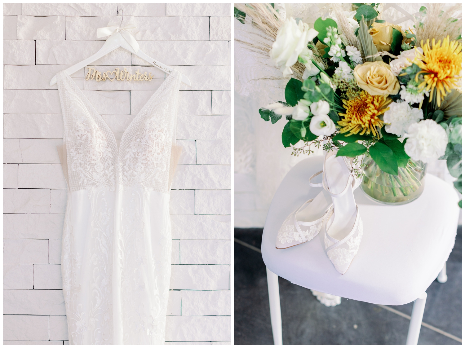 closeup white wedding gown, boho bouquet and white heels