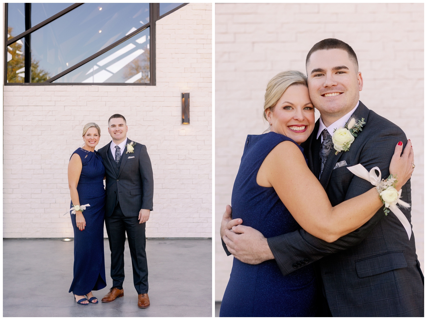 groom and mother portraits standing outside Jennings Trace Wedding