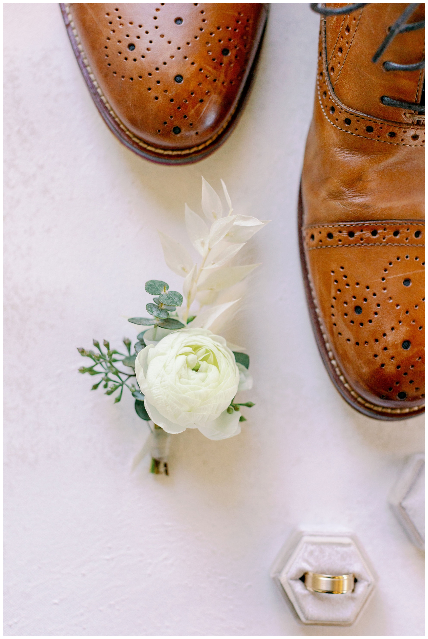 close up of groom shoes and bout inside Jennings Trace Wedding