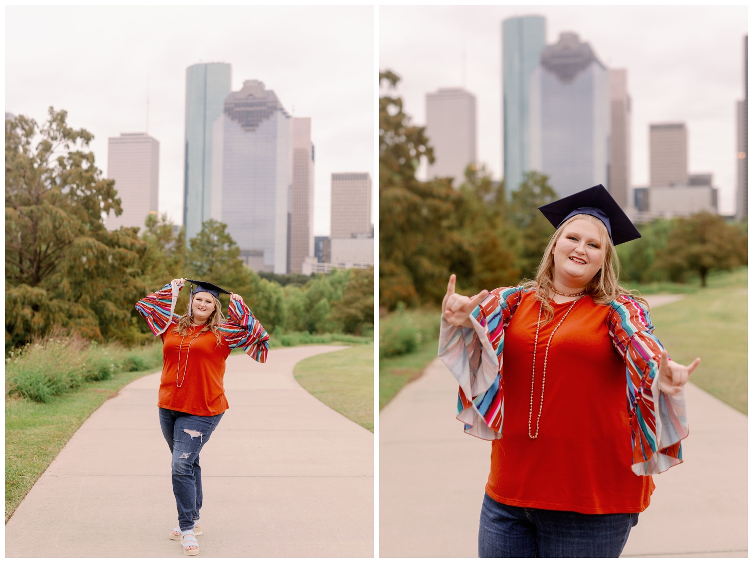 girl in blue jeans and rust colored shirt wearing graduation cap standing on pathway in front of Houston skyline