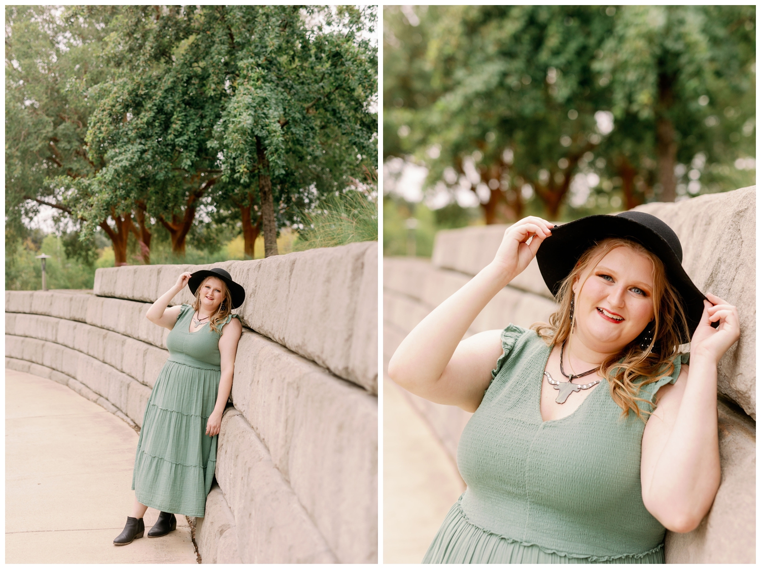 girl leaning on gray wall wearing hat and sage green sundress for Houston senior photographer