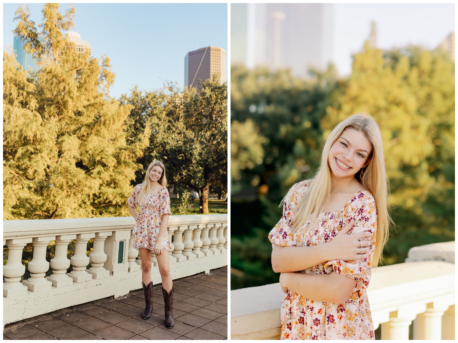girl in floral romper with boots standing on Sabine Street bridge