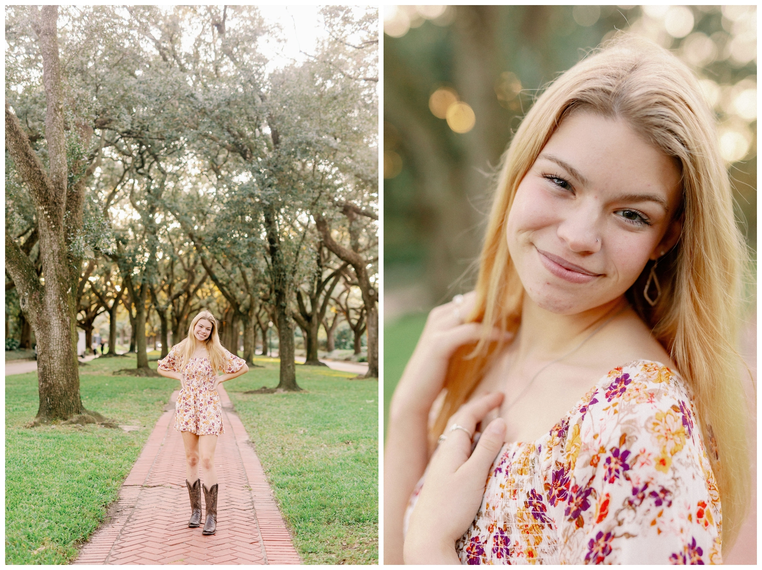 girl in floral romper and boots at girl in floral romper at Senior Pictures South Boulevard Houston Texas