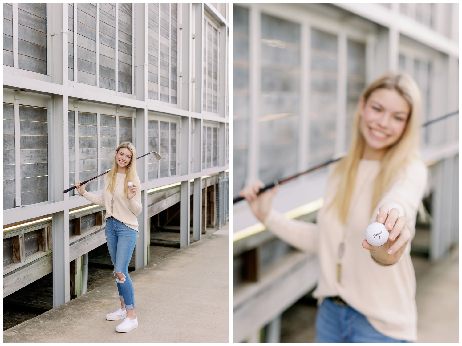 closeup of girl holding a golf ball and golf club Senior Pictures South Boulevard