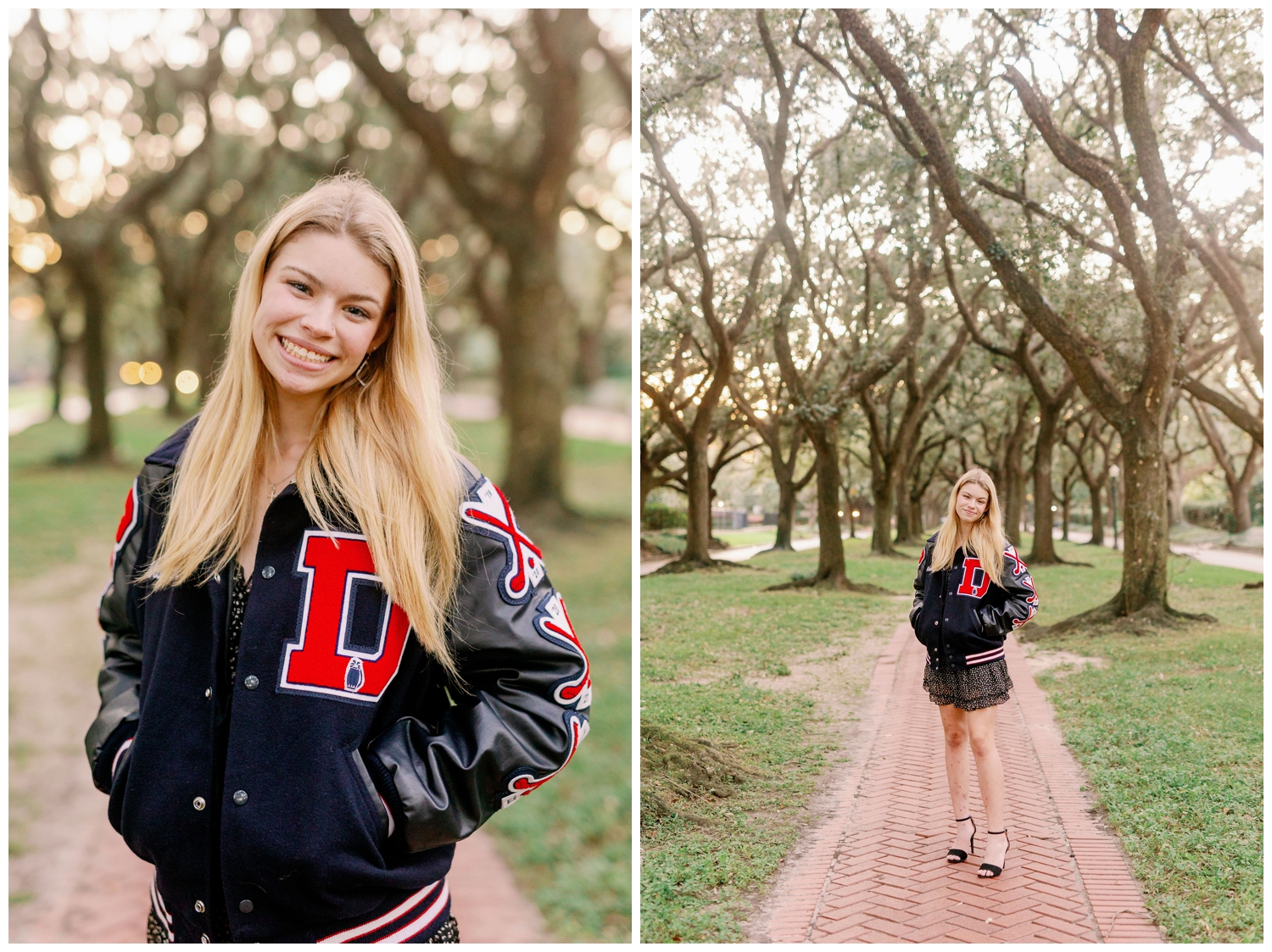 Senior Pictures South Boulevard with girl wearing red and blue letter jacket