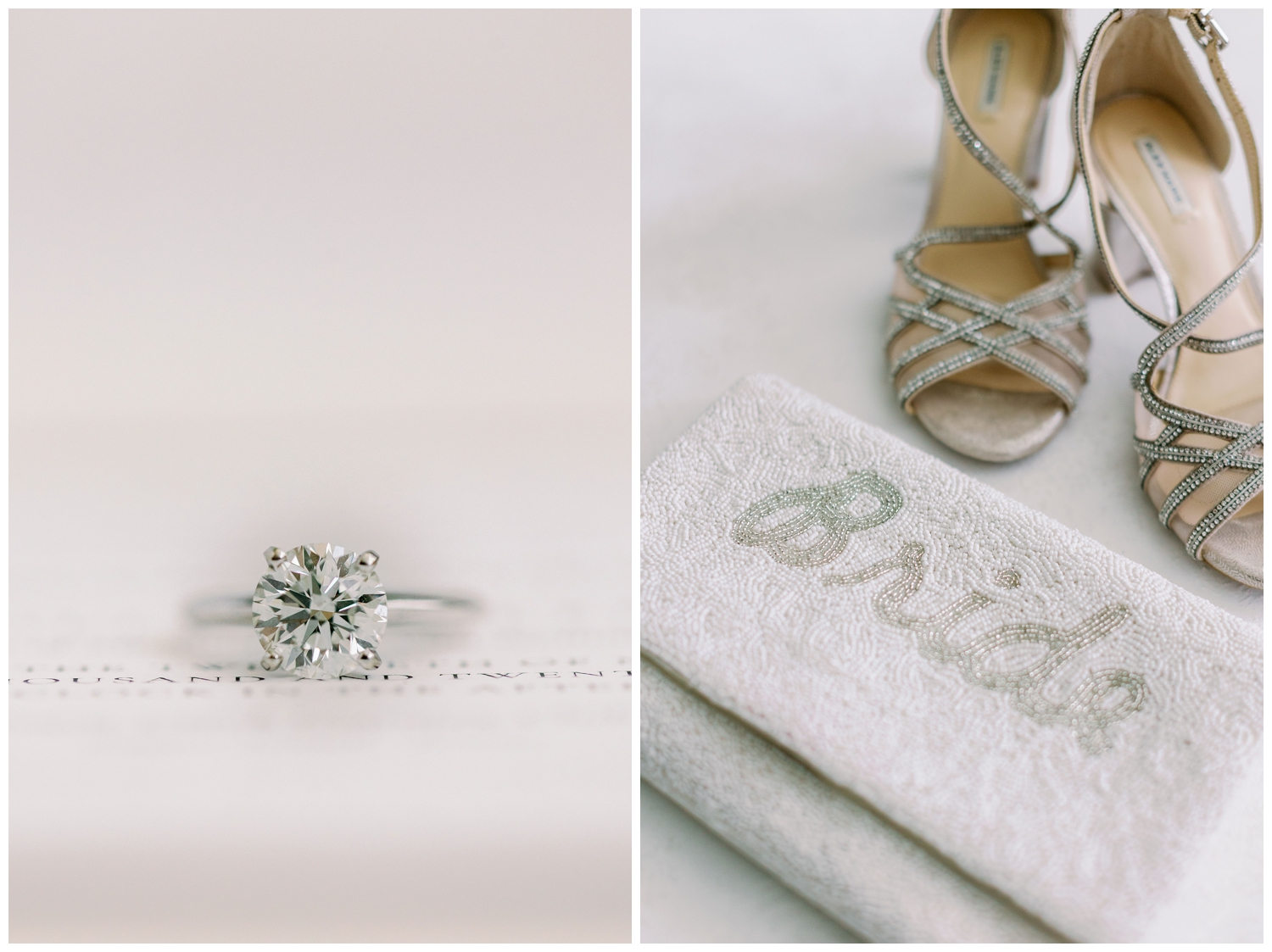 bride details of silver wedding ring, shoes and purse