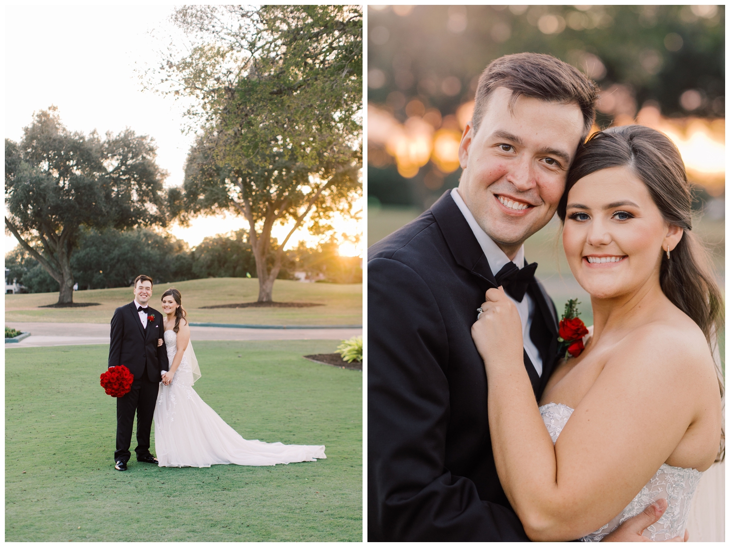 newlywed portraits at sunset at Sugar Creek Country Club wedding