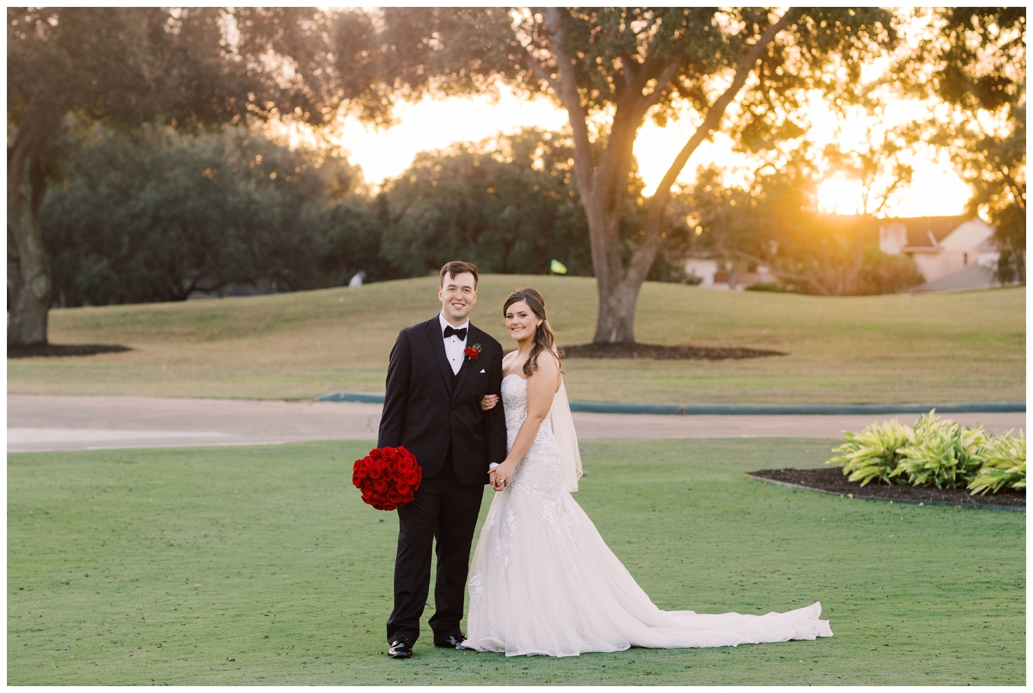 sunset bride and groom portrait in Sugar Land, Texas