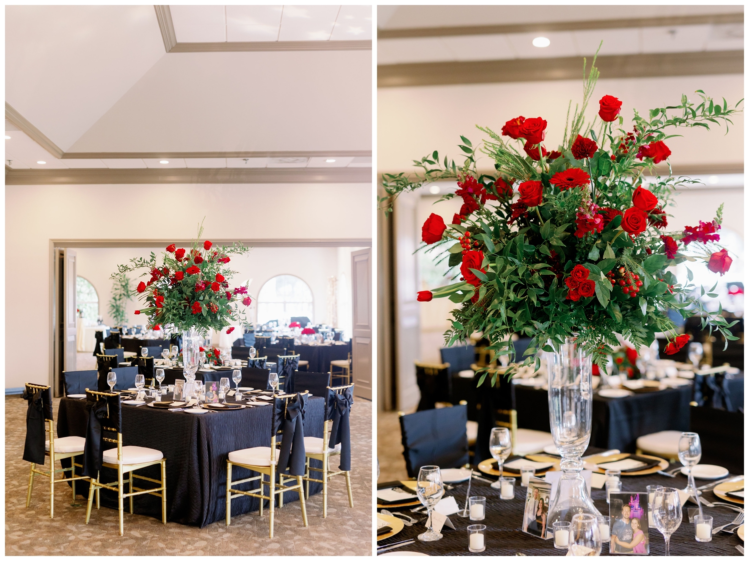 black and white tablescape with red roses inside Sugar Creek Country Club wedding