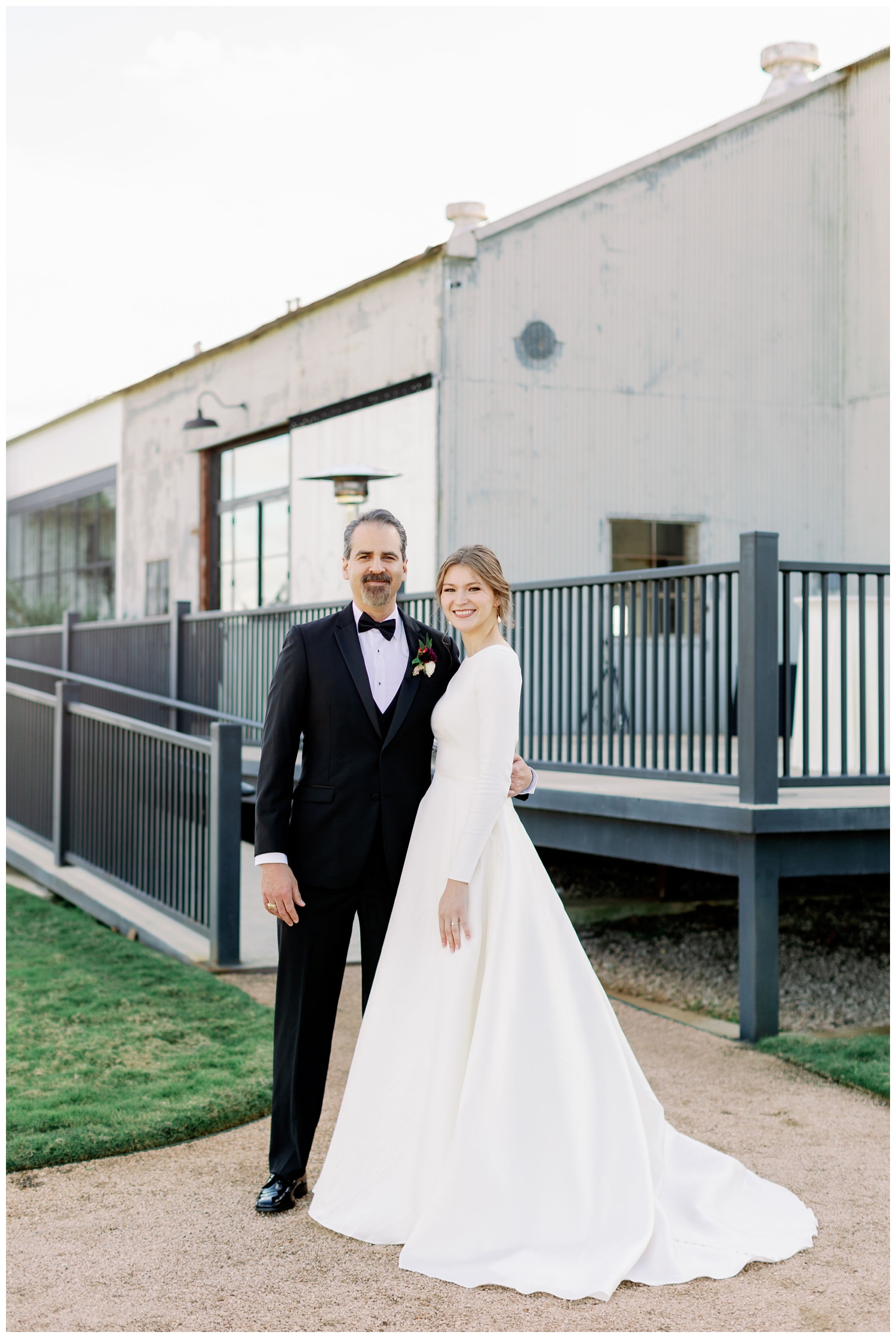 College Station wedding photography father and bride standing outside Gin at Hidalgo Falls