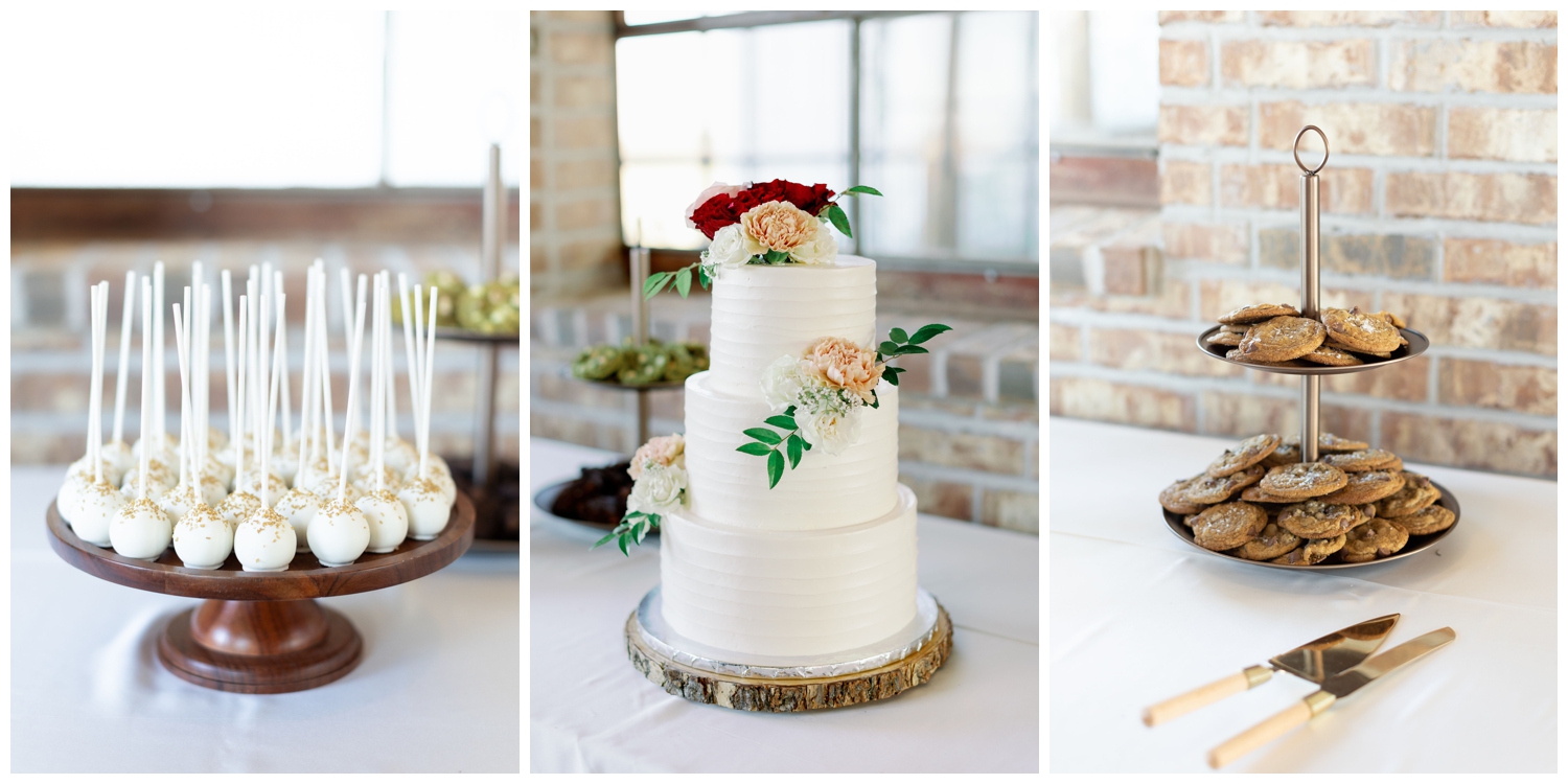 white tier white cake and cake pops College Station wedding photography
