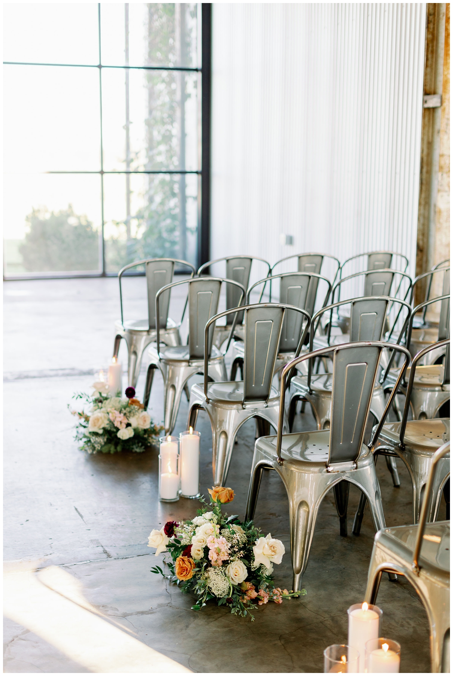 metal silver chairs with florals College Station wedding photography