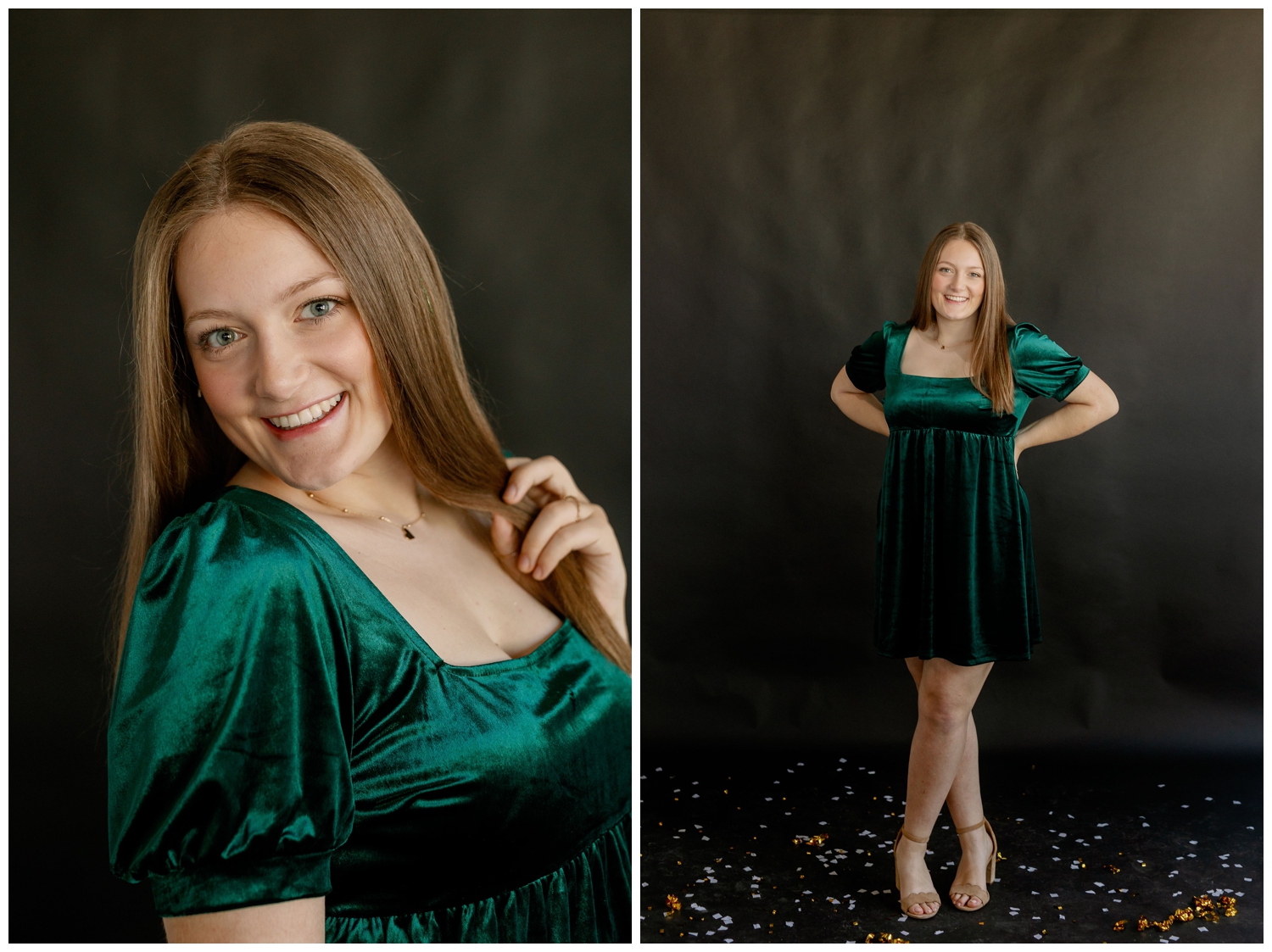 senior girl in emerald dress standing and smiling for Reed Gallagher Photography model team