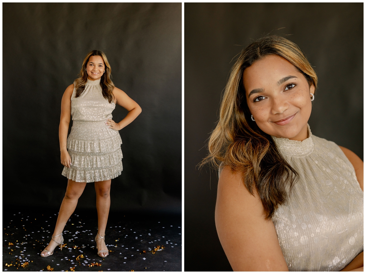 Pearland High school senior girl in champagne dress smiling and standing on black backdrop in Houston Rentals Studio