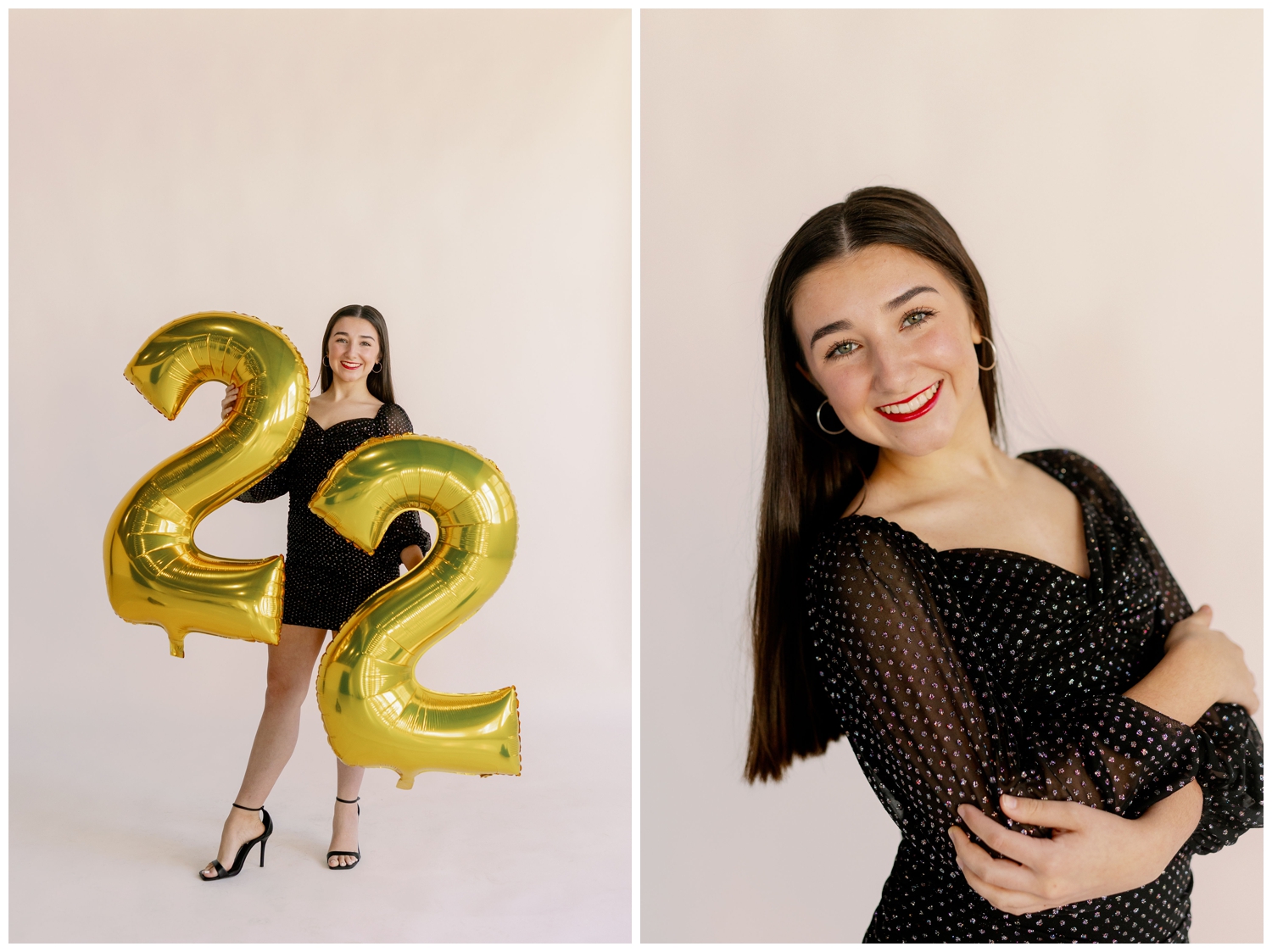white backdrop with high school senior girl in black dress with ballooons