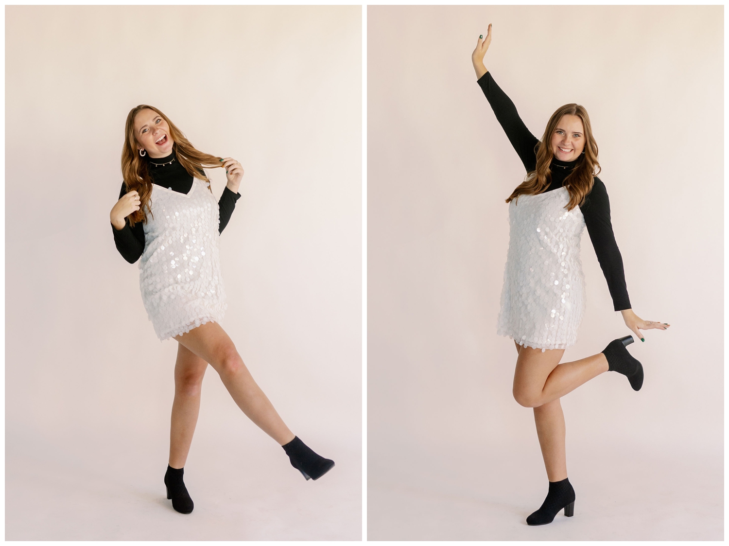 high school senior girl in white sequence dress with black turtleneck kicking legs out and smiling for New Years senior pictures