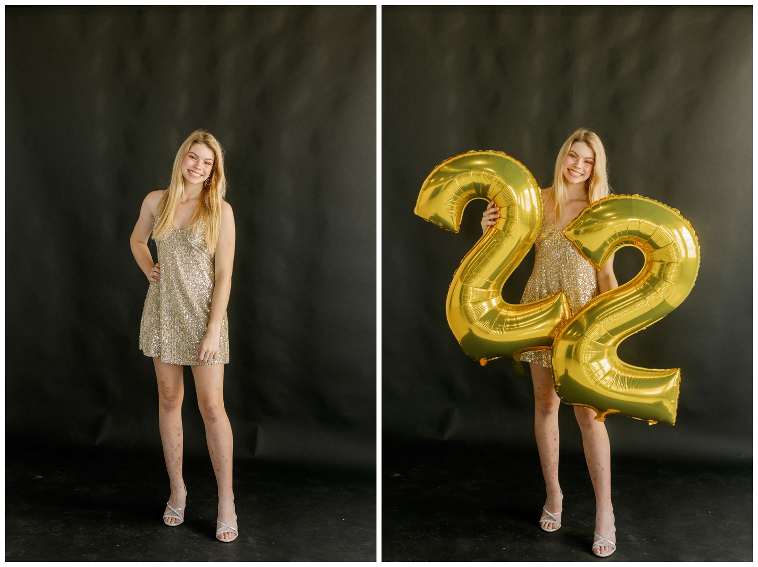 Dawson High school senior girl in blush dress holding 2022 balloons