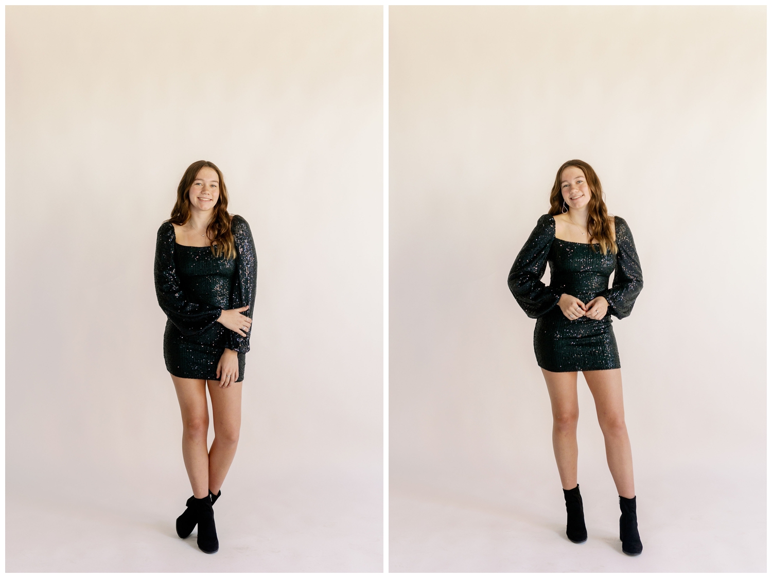 senior girl standing in a Houston studio on white backdrop with black dress and black boots