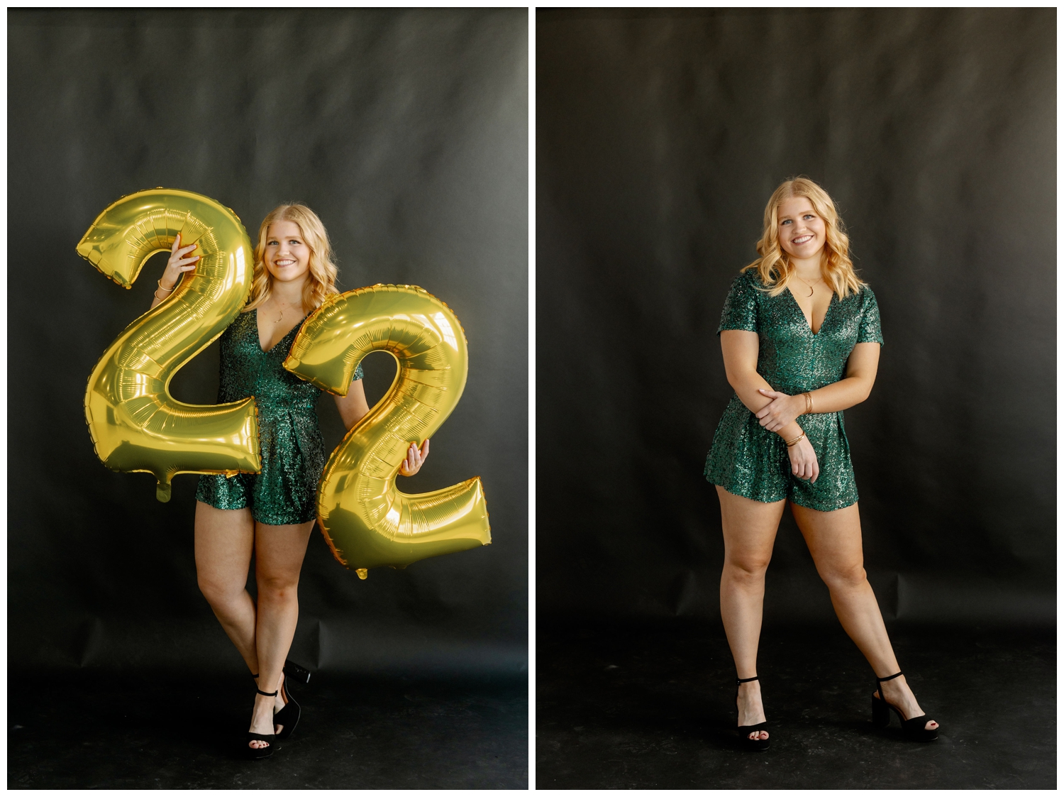 senior girl in emerald romper holding 22 balloon for New Years senior pictures