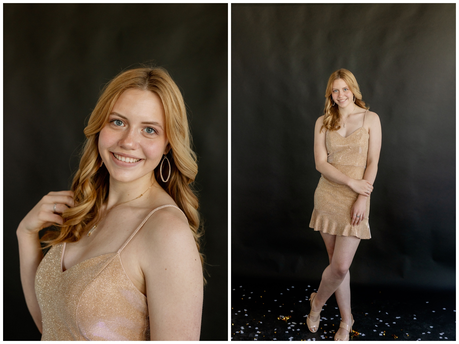 Episcopal High School senior girl posing for Houston model team in heels and sparkly blush dress