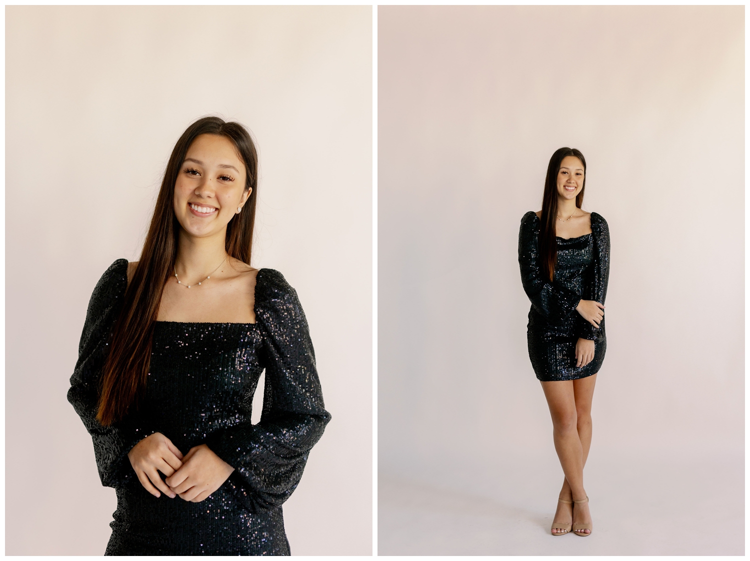 girl in black dress posing for New Years senior pictures against white background
