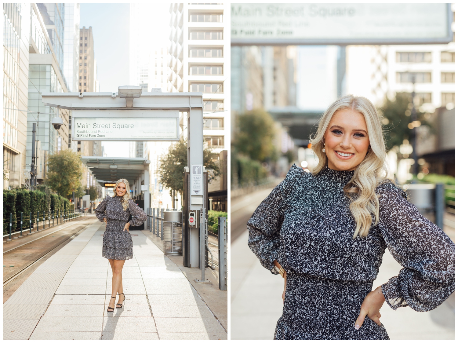 Do not miss this chic, urban senior pictures Main Street with girl in black dress standing in front of MetroRail Station downtown Houston