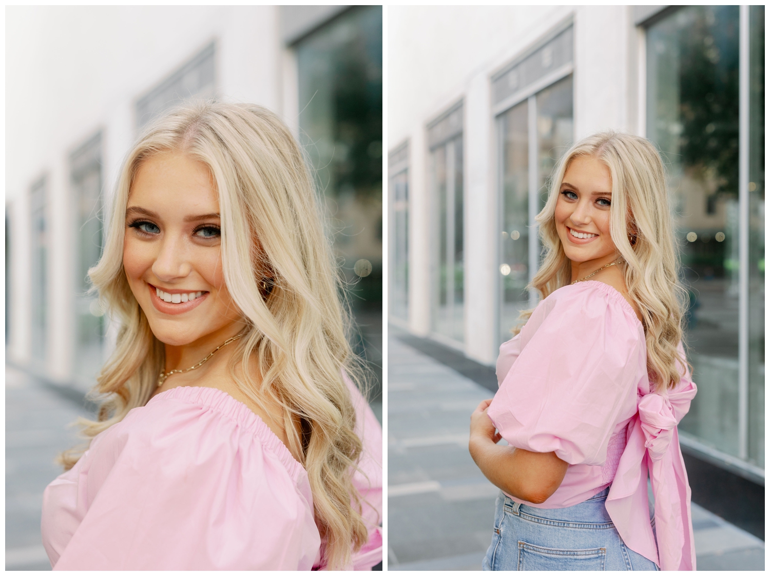 girl smiling at camera in downtown Houston in jeans and pink blouse