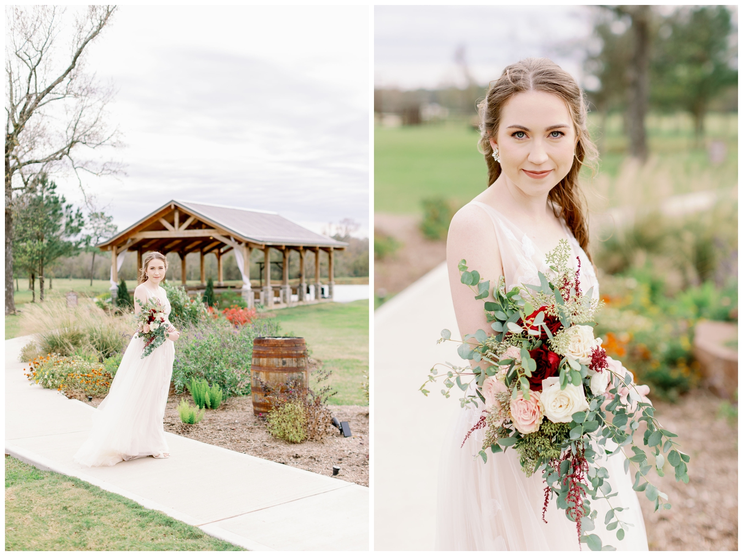 bridal portraits with bouquet outside Union Ranch Wedding venue