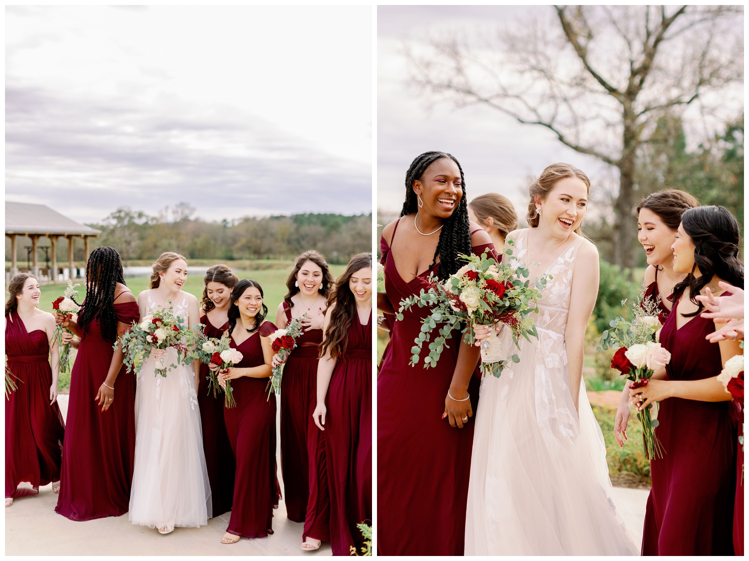 bride with bridesmaids laughing and wearing cabernet dresses