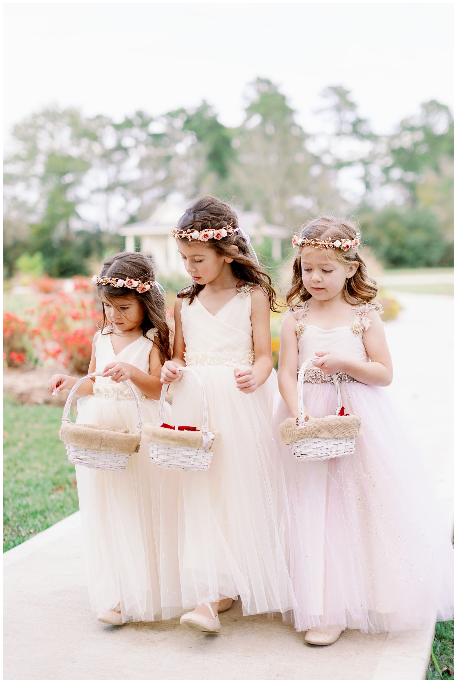three flower girls dropping rose petals for Union Ranch wedding