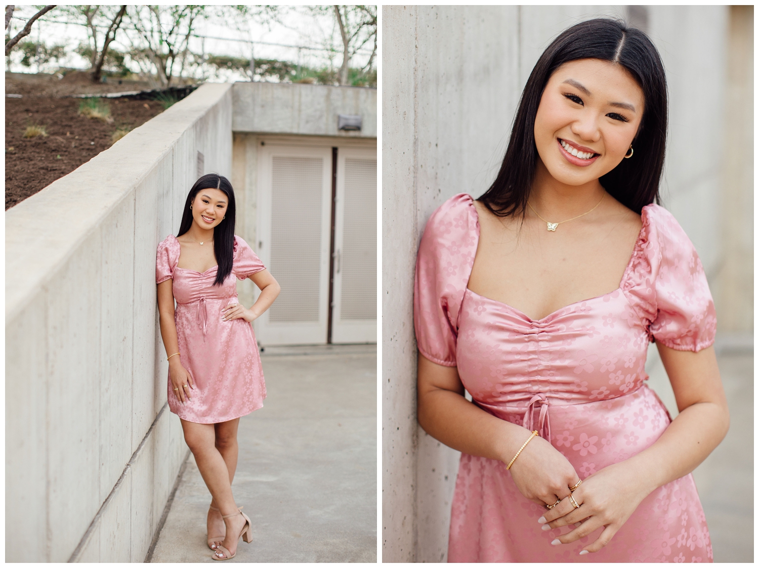 high school senior girl in pink dress leaning against white wall downtown Houston