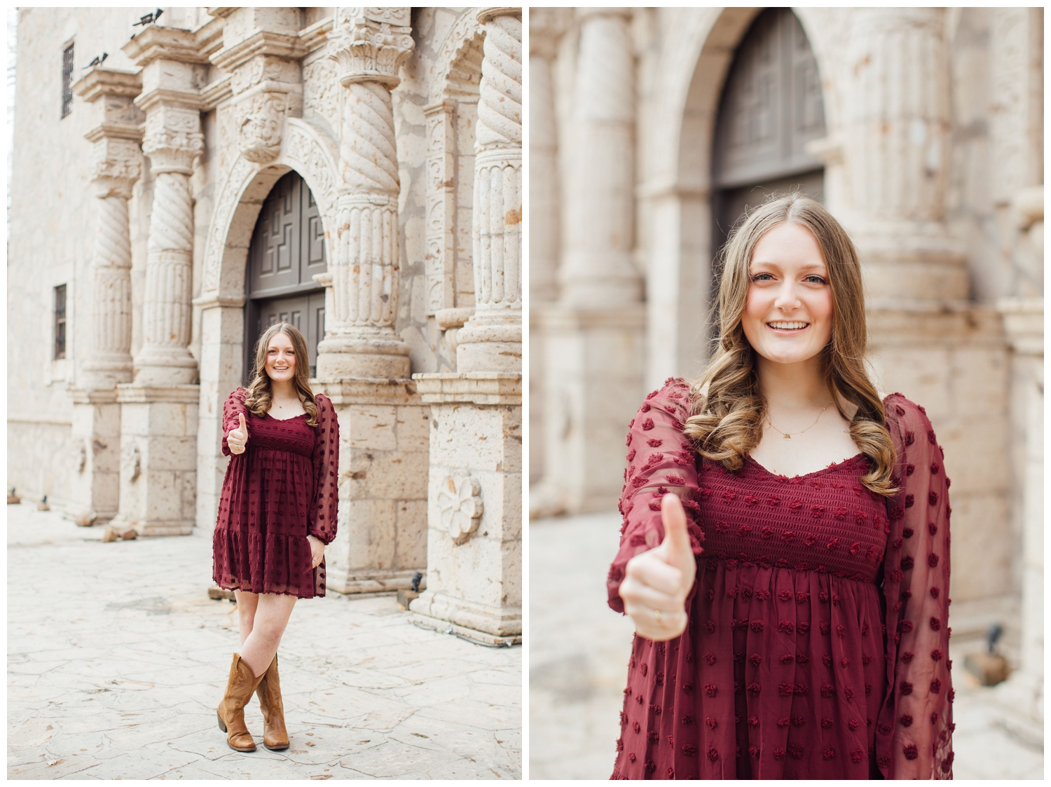 senior girl in maroon dress and cowboy boots holding aggie hand sign at Cy-Hope